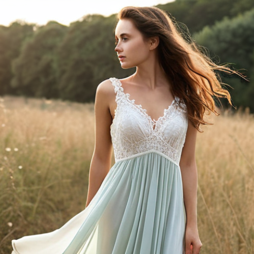 **

> A woman in a flattering A-line silhouette feminine dress, light chiffon fabric, delicate lace details. Soft, diffused lighting, emphasizing the dress's flow and texture.  Background: A slightly blurred, romantic outdoor setting. Style: Dreamy, elegant, and slightly ethereal.

**