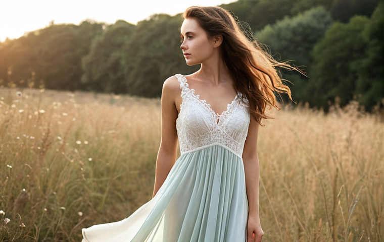 **

> A woman in a flattering A-line silhouette feminine dress, light chiffon fabric, delicate lace details. Soft, diffused lighting, emphasizing the dress's flow and texture.  Background: A slightly blurred, romantic outdoor setting. Style: Dreamy, elegant, and slightly ethereal.

**