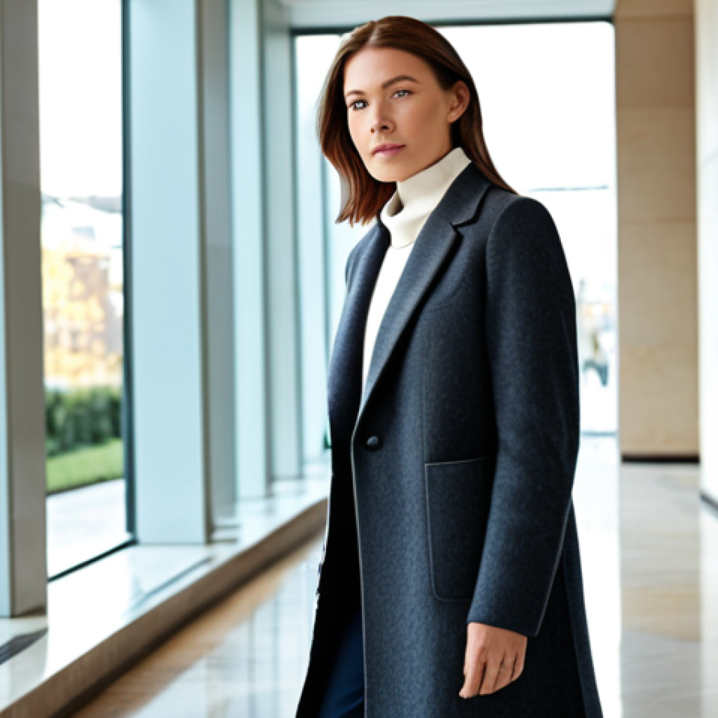 A sophisticated woman in a high-quality cashmere blend knit sweater in a muted tone, elegantly layered over a crisp white collared shirt with the collar peeking out. She is also wearing a classic long chester coat over the knit, perfectly complementing her modest business attire. Standing confidently in a well-lit, modern architectural lobby, with soft natural light filtering through large windows. Professional photography, ultra high definition, perfect anatomy, correct proportions, natural pose, well-formed hands, proper finger count, natural body proportions, safe for work, appropriate content, fully clothed, professional dress.