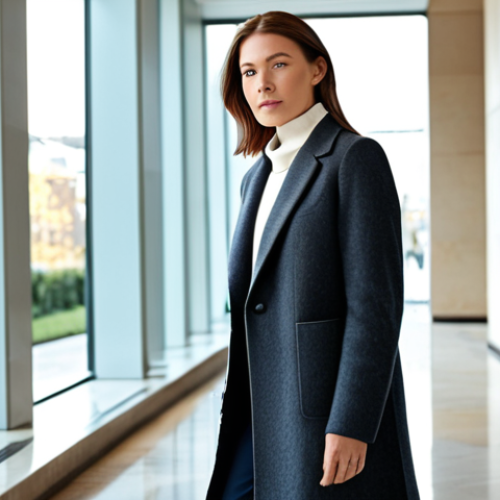 A sophisticated woman in a high-quality cashmere blend knit sweater in a muted tone, elegantly layered over a crisp white collared shirt with the collar peeking out. She is also wearing a classic long chester coat over the knit, perfectly complementing her modest business attire. Standing confidently in a well-lit, modern architectural lobby, with soft natural light filtering through large windows. Professional photography, ultra high definition, perfect anatomy, correct proportions, natural pose, well-formed hands, proper finger count, natural body proportions, safe for work, appropriate content, fully clothed, professional dress.