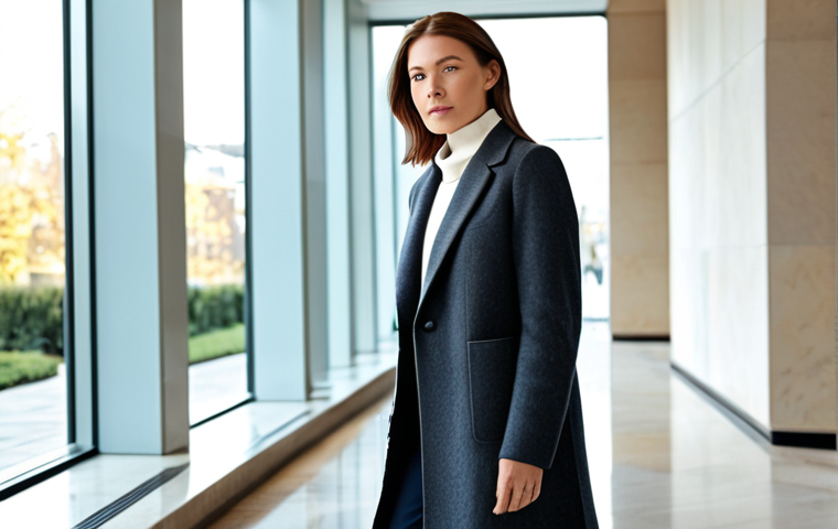 A sophisticated woman in a high-quality cashmere blend knit sweater in a muted tone, elegantly layered over a crisp white collared shirt with the collar peeking out. She is also wearing a classic long chester coat over the knit, perfectly complementing her modest business attire. Standing confidently in a well-lit, modern architectural lobby, with soft natural light filtering through large windows. Professional photography, ultra high definition, perfect anatomy, correct proportions, natural pose, well-formed hands, proper finger count, natural body proportions, safe for work, appropriate content, fully clothed, professional dress.