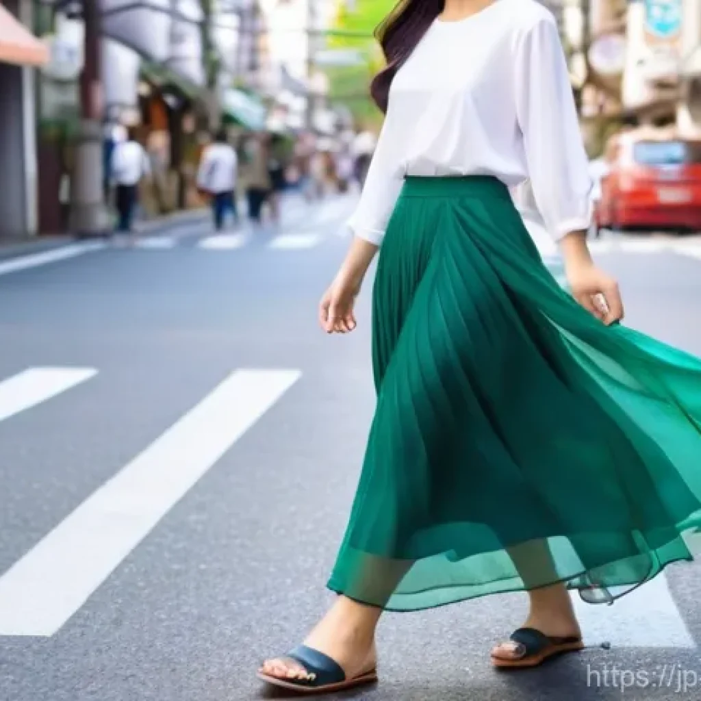 여성용 롱스커트 코디법 - A beautiful Japanese woman in her late 20s to early 30s, dressed in a vibrant, lightweight long skir...