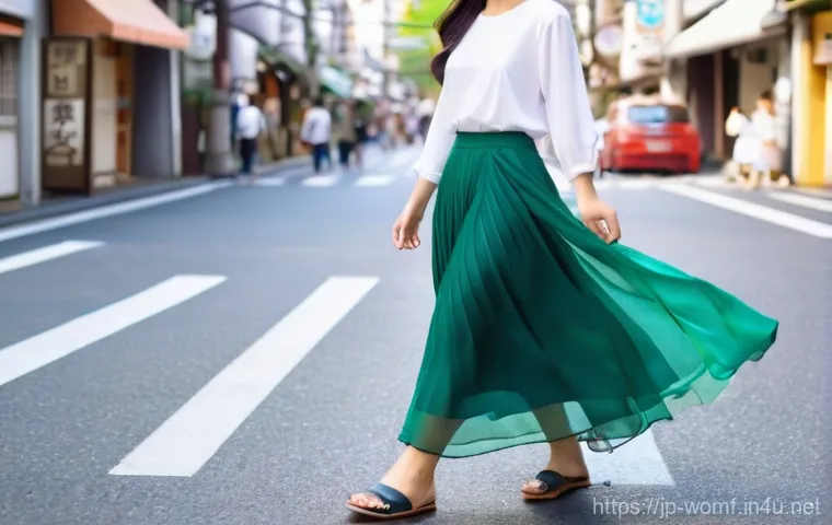 여성용 롱스커트 코디법 - A beautiful Japanese woman in her late 20s to early 30s, dressed in a vibrant, lightweight long skir...