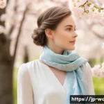 봄 스카프 스타일링 - **"Spring Elegance: Silk Scarf in French Knot"**: A young woman in her late 20s, with a serene and s...