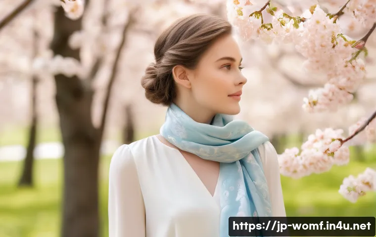 봄 스카프 스타일링 - **"Spring Elegance: Silk Scarf in French Knot"**: A young woman in her late 20s, with a serene and s...