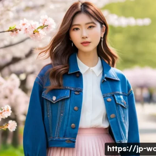 데님 재킷과 스커트 매치 - A young Japanese woman wearing a vintage-style blue denim jacket with noticeable faded details and a...