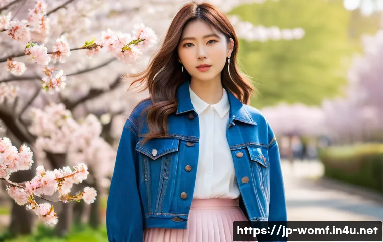 데님 재킷과 스커트 매치 - A young Japanese woman wearing a vintage-style blue denim jacket with noticeable faded details and a...