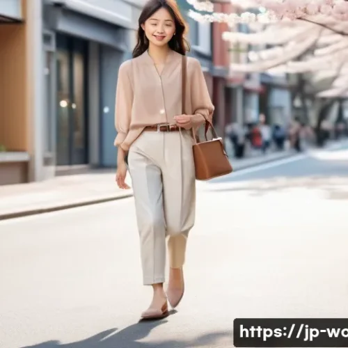 여성용 로퍼 스타일링 - A stylish young Japanese woman walking casually in a city street during spring, wearing soft leather...