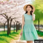 스니커즈와 원피스 조합 - A stylish young Japanese woman in her 20s wearing a pastel mint green fit-and-flare linen dress with...