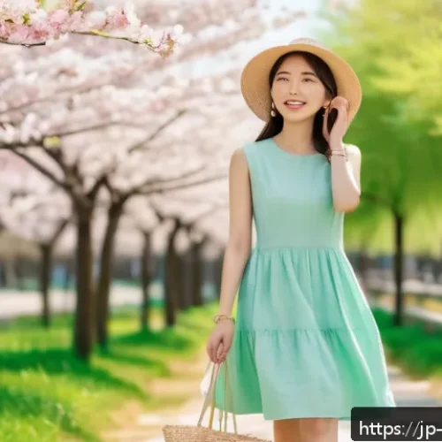 스니커즈와 원피스 조합 - A stylish young Japanese woman in her 20s wearing a pastel mint green fit-and-flare linen dress with...