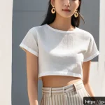 크롭탑과 하이웨이스트 코디 - A stylish young Japanese woman wearing a breathable linen blend cropped top in white, paired with hi...