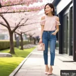 청바지와 힐 코디 아이디어 - A stylish young Japanese woman wearing slim tapered denim jeans paired with delicate ankle-strap hee...