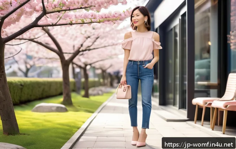 청바지와 힐 코디 아이디어 - A stylish young Japanese woman wearing slim tapered denim jeans paired with delicate ankle-strap hee...