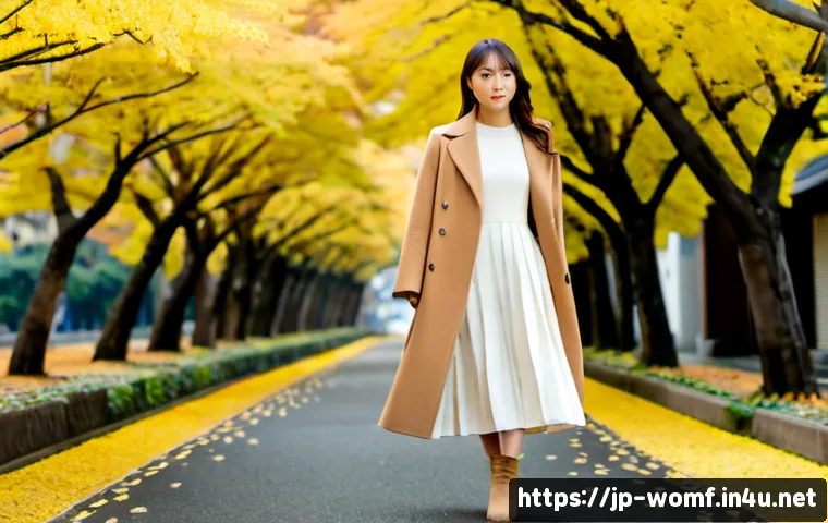 가을 코트와 원피스 조합 - Photorealistic autumn street-style portrait of a Japanese woman wearing a camel wool coat layered ov...