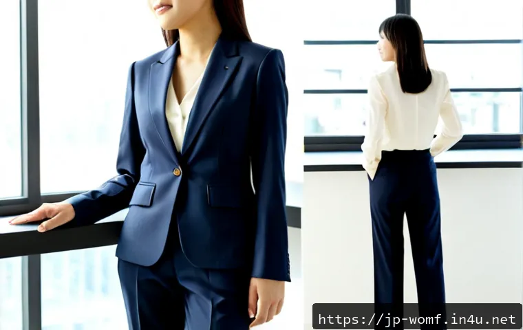 여성 정장 스타일 가이드 - Photorealistic women’s business suit style guide scene, confident Japanese professional woman in a t...
